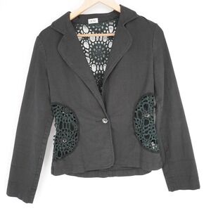 Caché Blazer Womens S Black Y2K Beaded Crochet Twill Cotton Blend Boho Button
